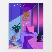 Hd imprime doce sala de pintura da lona parede arte janela noite cenário cartaz decoração casa sala estar modular gato preto quadro imagem 2024 - compre barato