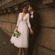 Linha a vestido de casamento curto 2021 branco marfim vestido de noiva de alta qualidade cetim tule vestidos de festa de casamento mangas compridas simples 2024 - compre barato