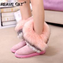 REAVE CAT Women Flats Ankle Snow Boots Fur Boots Winter Warm Snow zapatos woman Round Toe Female Flock Leather botas size 36-40 2024 - buy cheap
