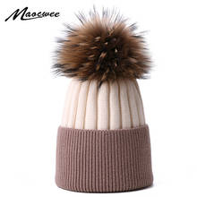 Winter Real Raccoon Fur Pom Pom Beanie Hat For Adults and Children Solid Color Patchwork Caps Knitted Warm Hat Women Men Bonnet 2024 - buy cheap