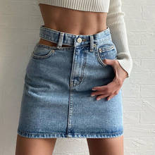 Sexy Women Denim Mini Skirt Female Hollow Out Chain Design Slim Denim Summer Blue Skirts  Harajuku Multi-size Casual Cotton 2024 - buy cheap