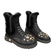 Black Mink Fur Women's Ankle Boots 2021 Winter Genuine Leather Rhinestones Studded Snow Martin Boots Warm Plush Winter Shoes 2024 - buy cheap