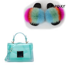 Ladies Candy Crossbody Purse Women's Fluffy Furry Slides Colorful Jelly Shoulder Bag Shoes Sets Woman Fox Fur Slippers Sandals 2024 - buy cheap