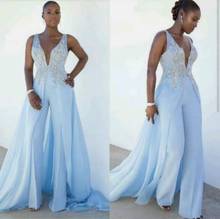 SuperKimJo Blue Jumpsuits for Weddings 2020 Lace Applique V Neck Beaded Pants for Women Abiye Gece Elbisesi 2024 - buy cheap