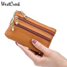 WESTCREEK-monedero de piel auténtica para mujer, Mini monedero femenino con espejo, cremallera, lápiz labial, llavero 2024 - compra barato