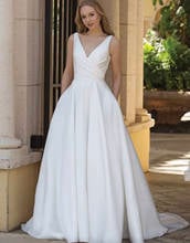 Simple Wedding Dress A-Line V-Neck Tank Backless Button Pleat Satin Floor Length Sweep Train Bride Gown Custom Made 2021 2024 - buy cheap