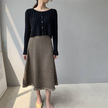 Korean knit Houndstooth Skirt Women New Spring and Autumn Tassel A-line High Waist Skirts Winter Slim Mid-long Skirt NS1953 2024 - buy cheap