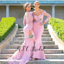 Vestido de sereia para dama-de-honra, rosa poeira, manga longa, com apliques de renda, lindo vestido customizado, 2019 2024 - compre barato