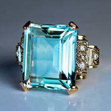 Роскошное Женское Обручальное кольцо с голубым кристаллом, обручальное кольцо золотого цвета с квадратным цирконием для невесты 2024 - купить недорого