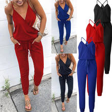 Female Sexy Spaghetti Cross Strap Lace Up printing Jumpsuits Summer Women V Neck Solid Casual Sleeveless Pockets Long Romper 2024 - buy cheap