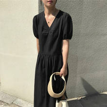 Women Summer Ruffle V Neck Long Loose Pleat Dress Vintage Sundress Low Waistline Short Sleeve Puff Sleeve 2024 - купить недорого