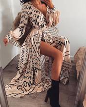 Vestido retrô feminino com frase, vestido longo de outono, manga bufante, gola v, cordão, moda feminina, maxi vestido longo 2024 - compre barato