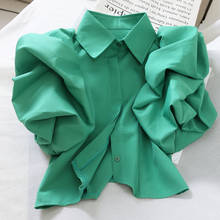Elegant Court Style Short Blouse 2021 Autumn Spring Holiday Beach Green Blusas Turn Down Collar Puff Long Sleeve Shirt 2024 - buy cheap