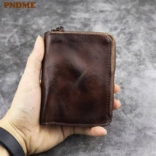 PNDME vintage high quality soft genuine leather coin purse first layer cowhide zipper luxury small credit card holder wallet 2024 - buy cheap