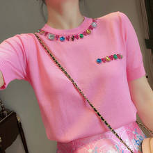 Розовая футболка женская 2020 летняя футболка с разноцветными кристаллами и круглым вырезом с коротким рукавом трикотажные футболки рубашки, женская футболка Пуловеры 2024 - купить недорого