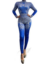Macacão feminino de strass brilhante, peça única, azul, de manga longa, traje para palco, cantoras, dj, boate, vdb3565 2024 - compre barato