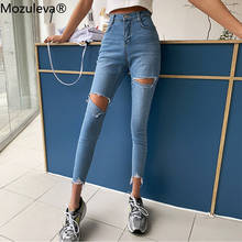 Mozuleva 2021 novo outono magro rasgado buracos jeans feminino denim borla cintura alta estiramento irregular calças de brim feminino chic bottoms 2024 - compre barato