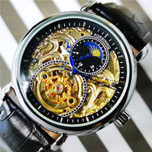 Forsining relógio masculino de luxo, esqueleto de couro preto com fases de moda, azul, à prova d'água, mecânico, para homens 2024 - compre barato