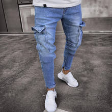 2022  Men Slim fit Knee Holes hip hop skinny jeans fashion Side white stripe Distressed Ripped Stretch Streetwear Denim trousers 2024 - buy cheap