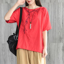 Plus size Women Blouse 100% Cotton Blouse Summer Ladies Tops Casual Embroidery High quality Short sleeve Solid color Red 4XL 2024 - buy cheap