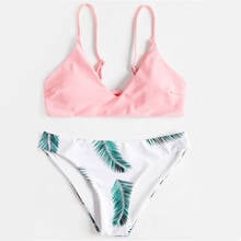 Traje de baño con estampado de hojas para mujer, bañador Sexy a la moda, Bikini dividido rosa de talla grande para playa y vacaciones, conjunto de Bikini de dos piezas 2020 2024 - compra barato