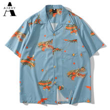 Рубашка с принтом дракона, мужские Гавайские рубашки в стиле хип-хоп, уличная мода, корейский стиль, Harajuku, рубашка с коротким рукавом для мужчин, одежда 2024 - купить недорого