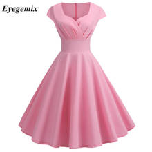 Summer Dresses Vintage Elegant V Neck Brief Pure Solid Color Vestidos A-Line Pinup Business Office Party Women Flare Pink Dress 2024 - buy cheap