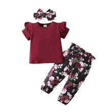 Conjunto com 3 peças para meninas, roupas para recém-nascidos de 0-5 anos d30, manga curta, estampa florida, calças, com babados 2024 - compre barato