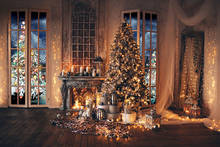 7x5FT Счастливого Рождества цвет свет дерево камин со свечами Зима Пользовательские фотостудии фоны винил 220 см x 150 см 2024 - купить недорого