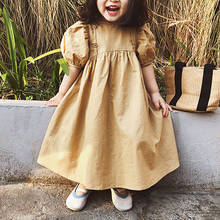 Children's Dress Summer 2021 New Toddler Girl Fashion Solid Color Retro Puff Sleeve Princess Dress Casual Girl Dress 2-6Y 2024 - buy cheap