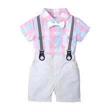 Summer baby boy suit gentleman dress plaid shirt bow tie Siamese short-sleeved jumpsuit straps shorts suit baby clothes 2024 - buy cheap