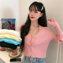 Korean Style Two Piece Set Cardigan Women Sexy Autumn Candy Color Long Sleeve Ribbed Knitted Cropped Sweater and Matching Vest 2024 - buy cheap