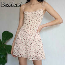 Bazaleas Chic Spaghetti Strap Mini vestidos Vintage Red Floral Print Pink women Dress Slim Backl Elastic Summer dress 2024 - buy cheap