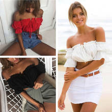 Womens Chiffon Ruffled Short Sleeve Off Shoulder Crop Tops Blouses Loose Chest Wrap Blouse Lady Sexy New Fashion Summer Hot Tops 2024 - compre barato