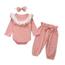 Conjunto rosa de otoño para niña recién nacida, ropa de manga larga, mono de encaje, pantalones, diadema, conjuntos sólidos, 3 uds. 2024 - compra barato