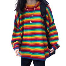 Women Teens Autumn Long Sleeve Knit Sweater Korean Harajuku Rainbow Stripes Patchwork Loose Jumper Hip Hop Pullover Tunic Tops 2024 - buy cheap