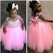 Cute Baby Girls Birthday Dresses Pearls Beads Top Puffy Tulle Long Sleeve Little Princess Party Dress Special Occasion 2024 - buy cheap
