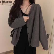 Cardigã feminino simples estilo coreano, casaco feminino simples gola v 2024 - compre barato