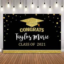 Parabéns graduação aniversário pano de fundo calss de 2021 preto e ouro chapéu de solteiro balão grad parabéns festa banner foto cabine 2024 - compre barato