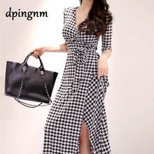 Autumn Elegant Dress Women Sexy Houndstooth lattice  waist tie Dresses female 2020 women casual long dresses 2024 - buy cheap