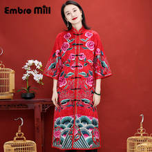 Spring And Autumn High-End Custom Chinese Style Red Hand Embroidery Flower Three Quarter Sleeve Mid-Length Women's Coat M-3XL 2024 - buy cheap