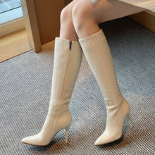 Botas hasta la rodilla de piel auténtica para mujer, zapatos de tacón con punta puntiaguda, a la moda, invierno y otoño 2024 - compra barato