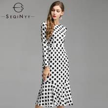 SEQINYY Vintage Dot Dress Print  Spring Autumn New Fashion Design Women Runway Mermaid Slim Dobby White Midi 2024 - buy cheap