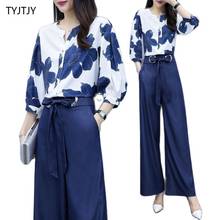 tracksuit Women Fashion suit Female 2021 spring and Summer New shirt 2 piece set Women printed casual wide-leg pants suit 2024 - buy cheap