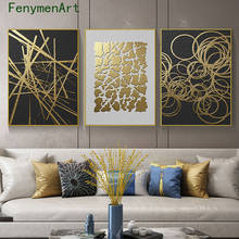 Pintura en lienzo con patrón geométrico de hoja dorada, póster minimalista de Arte de pared de oro negro, imagen abstracta para decoración del hogar y sala de estar 2024 - compra barato