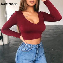 Sexy Deep V Neck Long Sleeve Crop Tops Women Slim Black White Tee Shirts 2020 Summer Casual Solid Basic Tops 2024 - buy cheap