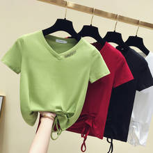 gkfnmt V-Neck T-Shirt Drawstring T Shirt Women Clothes 2020 Short Sleeve Summer Tops Cotton Korean Button Tshirt Female Vetement 2024 - buy cheap