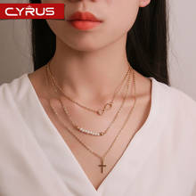 Трендовое 3-слойное жемчужное ожерелье для женщин, многослойное ожерелье с подвеской в виде креста, золотистого цвета, длинная цепочка для свитера, Изящные Ювелирные изделия Mujer 2024 - купить недорого
