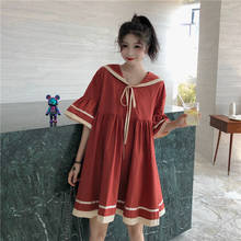 Women Preppy Style Summer Dress Bow Tie Sailor Collar Short Sleeve Dresses Plus Size Pleated Loose Harajuku Kawai Robe Femme 2024 - buy cheap