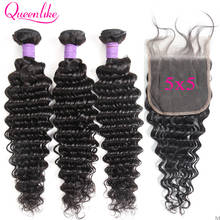 5x5 Closure With Bundles 100% Human Hair Bundles Weaving Queenlike Non-Remy Weft M 3 Bundles Brazilian Deep Wave With Closure 2024 - buy cheap